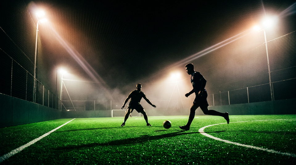 Campo da calcio in erba sintetica illuminato dai riflettori, due giocatori in azione